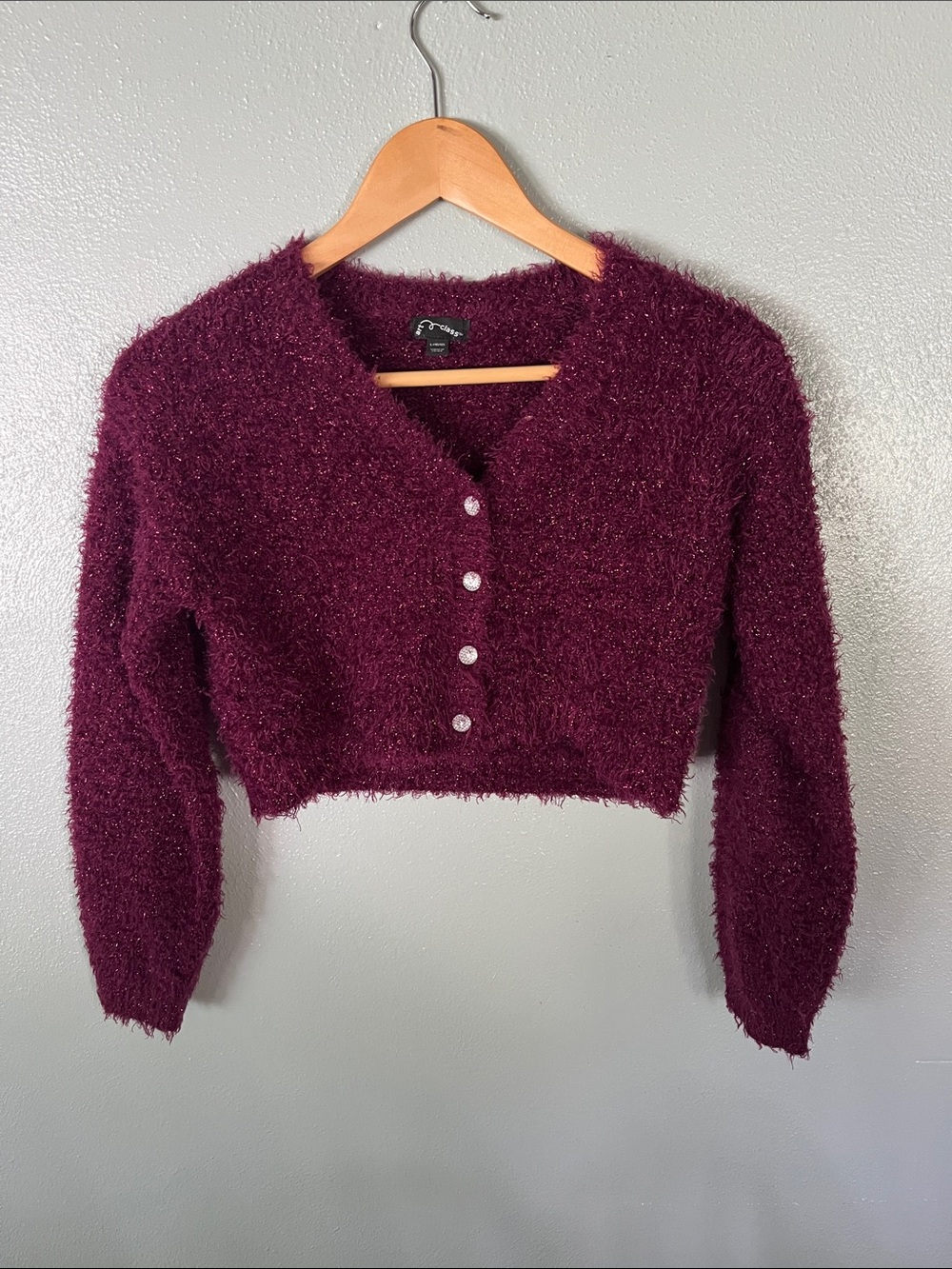art class Fuzzy Cropped Cardigan Sweater - Burgundy